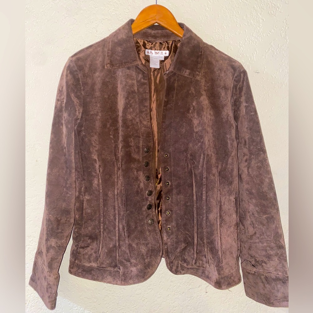 A.M.I. Leather Suede Jacket. Large . Long Sleeve. Fully Lined.Tan brown Color - Picture 1 of 7